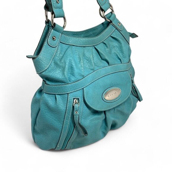 Strada Pleated Shoulder Bag Teal Blue Faux Leather Pink Lining 15"W x 12"H x 5"D - Picture 2 of 11